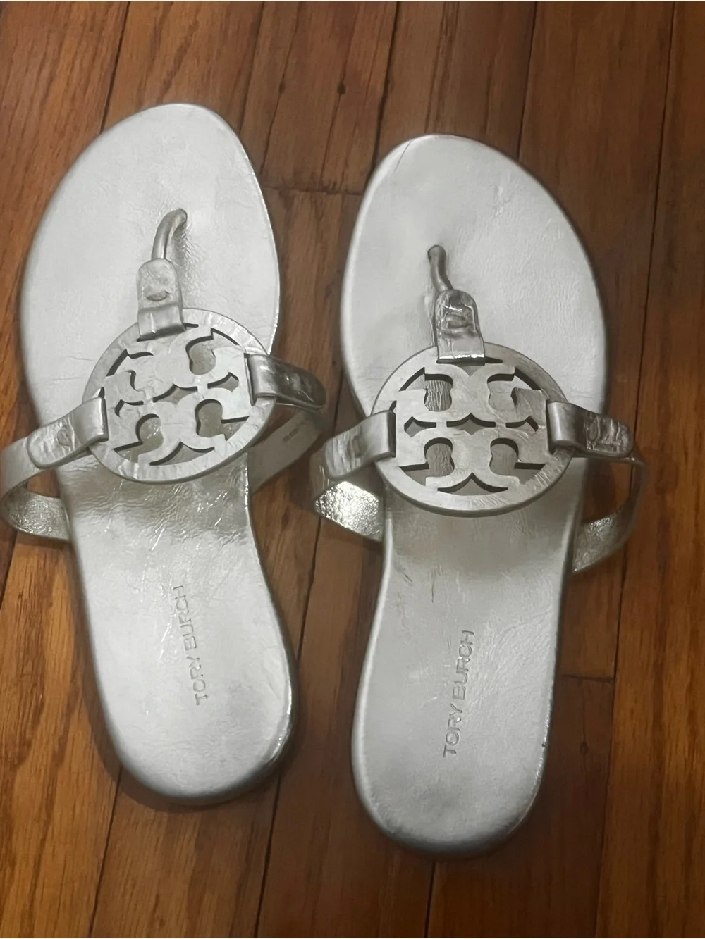 Tory Burch Metallic Silver Logo Thong Sandals